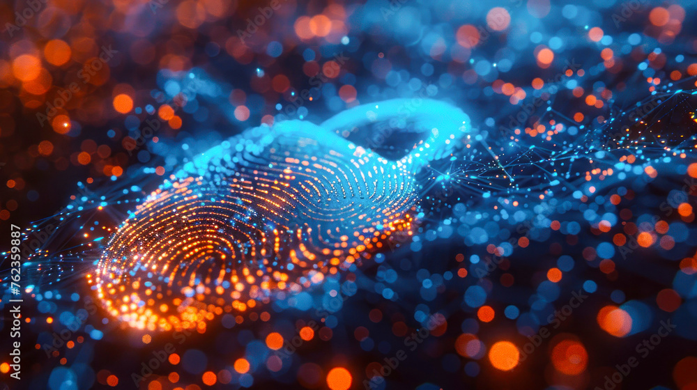 Poster a striking fingerprint bathed in neon light sits atop a digitized network pattern, depicting advance