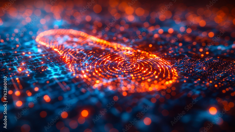 Poster a close-up view of a glowing neon fingerprint pattern, symbolizing the elegance and complexity of bi