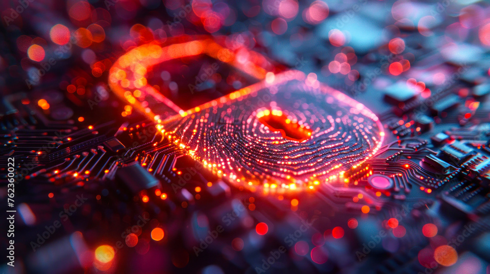 Poster a stunning depiction of a red glowing fingerprint intertwined with digital circuitry signifies data 