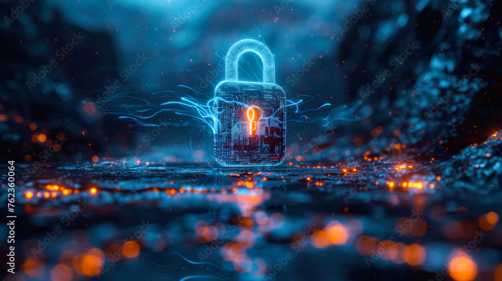 Poster a captivating image of a neon digital padlock evokes cybersecurity and data protection in a vibrant 