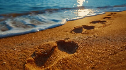 Fototapeta na wymiar Feet and step marks on sunny sand beach