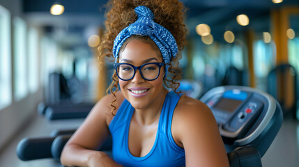 Happy confident overweight woman in blue fitness clothes on trainer treadmill in gym, close up,...