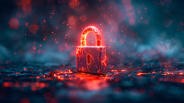 An illuminated neon padlock symbolizing cybersecurity stands out against a bokeh digital backdrop with red highlights, evoking a sense of digital security