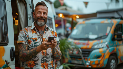 Mature tattooed man standing near rv camper van on vacation using mobile phone. Smiling mature active traveler holding smartphone enjoying free internet in camping tourism nature park.
