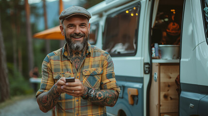 Mature tattooed man standing near rv camper van on vacation using mobile phone. Smiling mature active traveler holding smartphone enjoying free internet in camping tourism nature park.
