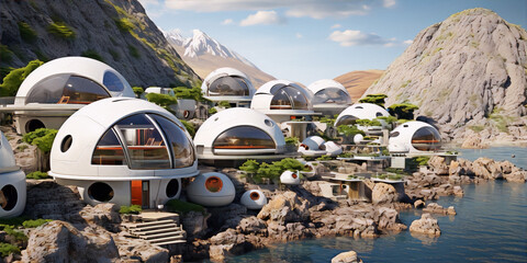 Futuristic utopian coastal community of geodesic dome homes rendered in 3D. - obrazy, fototapety, plakaty