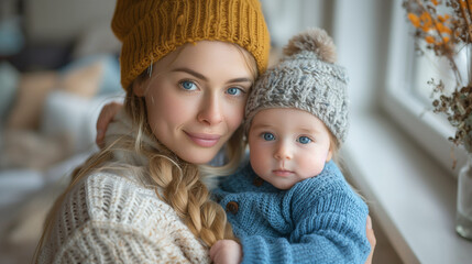 Obraz premium Parenting and new life concept. Mother holding newborn baby boy in her arms.