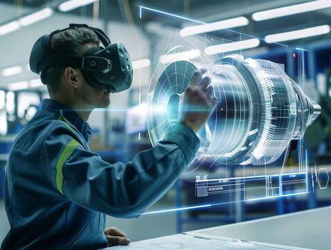 Engineer interacts with a holographic machine model using VR technology in an industrial setting.