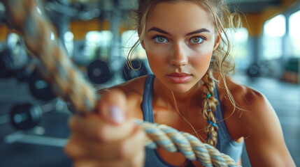 Preparing for the competition. Young athletic woman with perfect body doing crossfit exercises with a rope in the gym. - obrazy, fototapety, plakaty