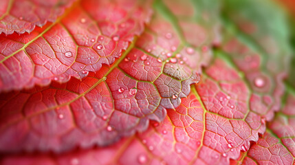 Fototapeta premium Colorful red pink green macro foliage leaf vein texture background, abstract natural texture colorful banner.