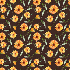 Seamless botanical pattern of yellow calendula flowers, isolated yellow flowers on a black background botanical watercolor illustration.