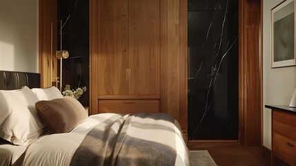 Infuse your bedroom with Scandinavian elegance by incorporating a wooden wardrobe adorned with sleek black marble doors, adding a touch of luxury to the space.  attractive look