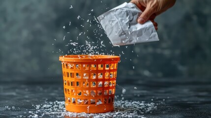 Hand throwing out paper into trash basket - obrazy, fototapety, plakaty