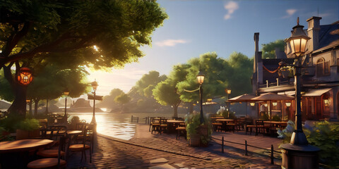 Fantasy digital painting of a riverside cafe with warm sunlight, long shadows, and a blue sky