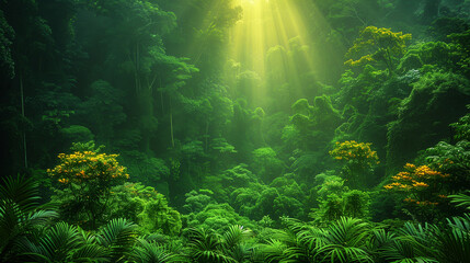 Fototapeta premium Deep tropical jungles of Southeast Asia, green trees tunnel extra wide background banner.