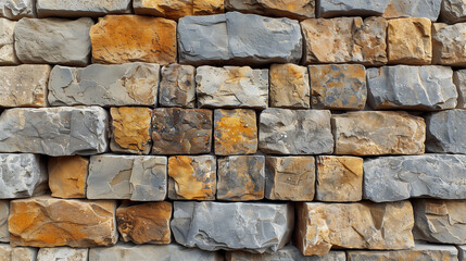 Rock stone brick tile wall aged texture detailed pattern background in yellow cream beige color.