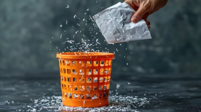 Hand throwing out paper into trash basket