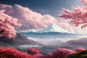 a fantasy spring nature landscape and cherry blossom tre - obrazy, fototapety, plakaty