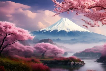 Poster a fantasy spring nature landscape and cherry blossom tre © solution