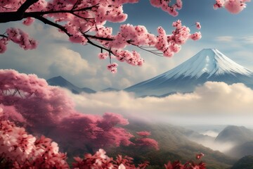 a fantasy spring nature landscape and cherry blossom tre - obrazy, fototapety, plakaty