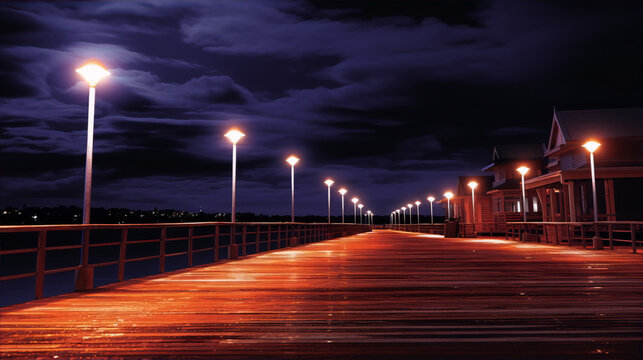 A wooden pier at night with a stormy sky and distant lights.