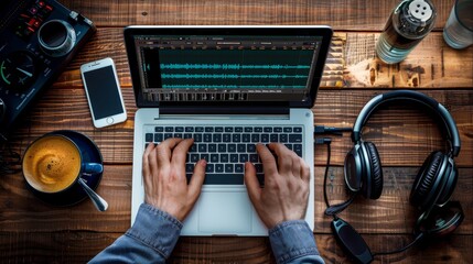 Creative Control Podcast Host Editing Audio with Precision and Focus Surrounded by Technology and EnergyBoosting Espresso