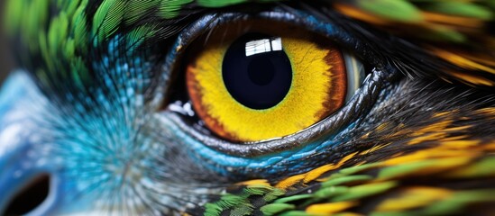 A closeup of a vibrant birds eye reveals intricate details of its eyelash, iris, and beak. The colorful organ in this terrestrial animal is a mesmerizing work of art