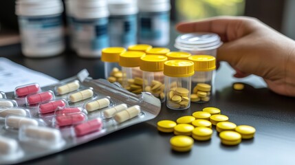 Hands of a doctor sorting out medicinal pills or vitamin capsules. A doctor's hands, a beacon of hope, meticulously sort pills, ensuring patients receive the right medicine at the right time.