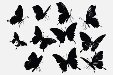 set of butterflies silhouettes Flying butterflies silhouette black set isolated on white background - obrazy, fototapety, plakaty