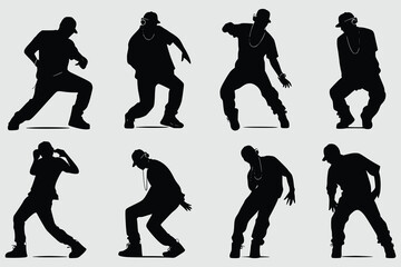 silhouettes of dancing people,Hip hop, break dance, juzz funk, rap, freestyle,jumping people, black color isolated on white background