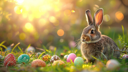 Fototapeta na wymiar A real rabbit amidst Easter eggs on grass with warm sunset light filtering through.