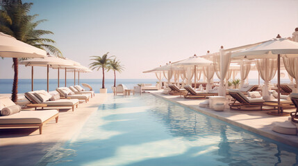 Fototapeta premium 3D rendering of a luxury resort with a pool, sun loungers, and palm trees.