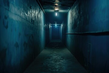 Dark corridor with light in the end of the tunnel - obrazy, fototapety, plakaty