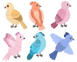 Multi-colored birds on a white background. Flat vector