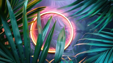 Creative neon light frame on palm leaf
