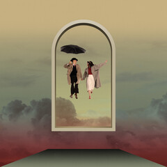 Couple holding hands and walking under umbrella through arched window into cloudy sky. Contemporary art collage. Concept of surrealism, creative vision, psychology, relationship. Poster