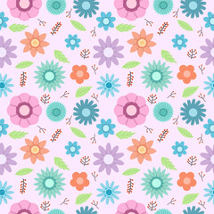 Fototapeta na wymiar Seamless pattern with cute colorful flowers. Pink cute background