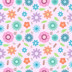 Seamless pattern with cute colorful flowers. Pink cute background