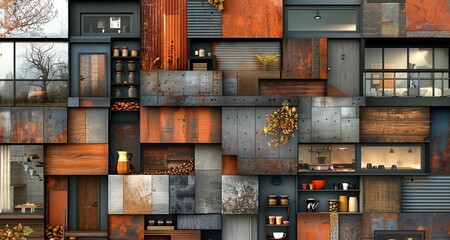 Industrial Mosaic Wall, Rust and Wood Textures, Urban Abstract collage - obrazy, fototapety, plakaty