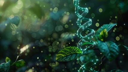 
Plant sprout biotech: seedling with DNA strands, genome engineering, vitamin supplement in low poly mesh, dark green background - obrazy, fototapety, plakaty