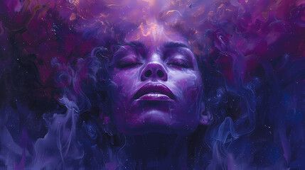 Portrait of a woman in purple smoke; A peaceful woman with a beautiful face with closed eyes