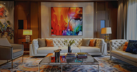 Modern and contemporary luxury, interior design living room wall hanging paintings, sofa white