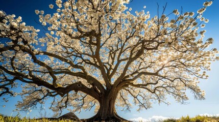 A beautiful tree during springtime with gentle white flowers blooming on its twigs