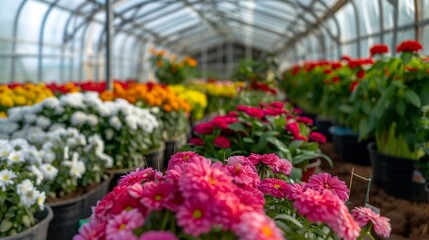 A modern greenhouse horticulture concept showcasing the efficient cultivation of vibrant flowers, representing a thriving floral agriculture business.