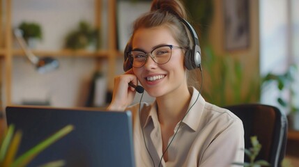 Determination of client needs. A workday for a smiling woman wearing headphones, revealing her professionalism and potential.