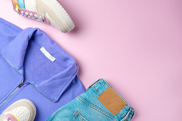 Outfit for teenagers on a pink background. Casual street style, top view point, flat lay.