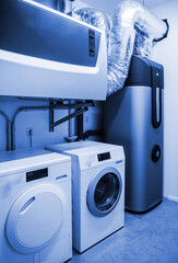 Spacious modern laundry room with high-end washing machine and dryer in a clean home