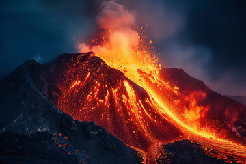 Volcanic eruption and magma flow. AI technology generated image - obrazy, fototapety, plakaty