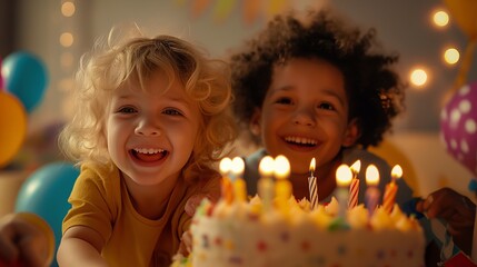 Two happy children of different nationalities celebrate and have fun at a family party. Happy birthday and best wishes. Friends having fun together - obrazy, fototapety, plakaty
