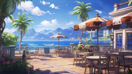 An outdoor restaurant with a view of the ocean. The sky is blue and the sun is shining. The palm trees are green and the flowers are colorful. The tables and chairs are made of wood and the umbrellas